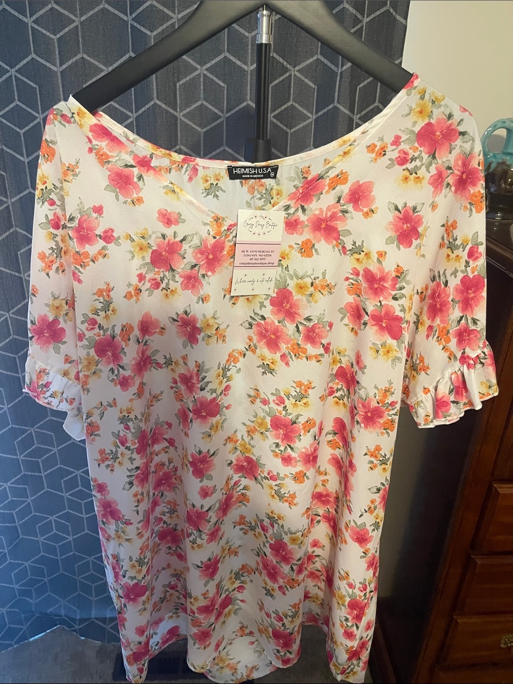 HEIMISH USA White Floral V-Neck Blouse with Pink & Yellow Flowers